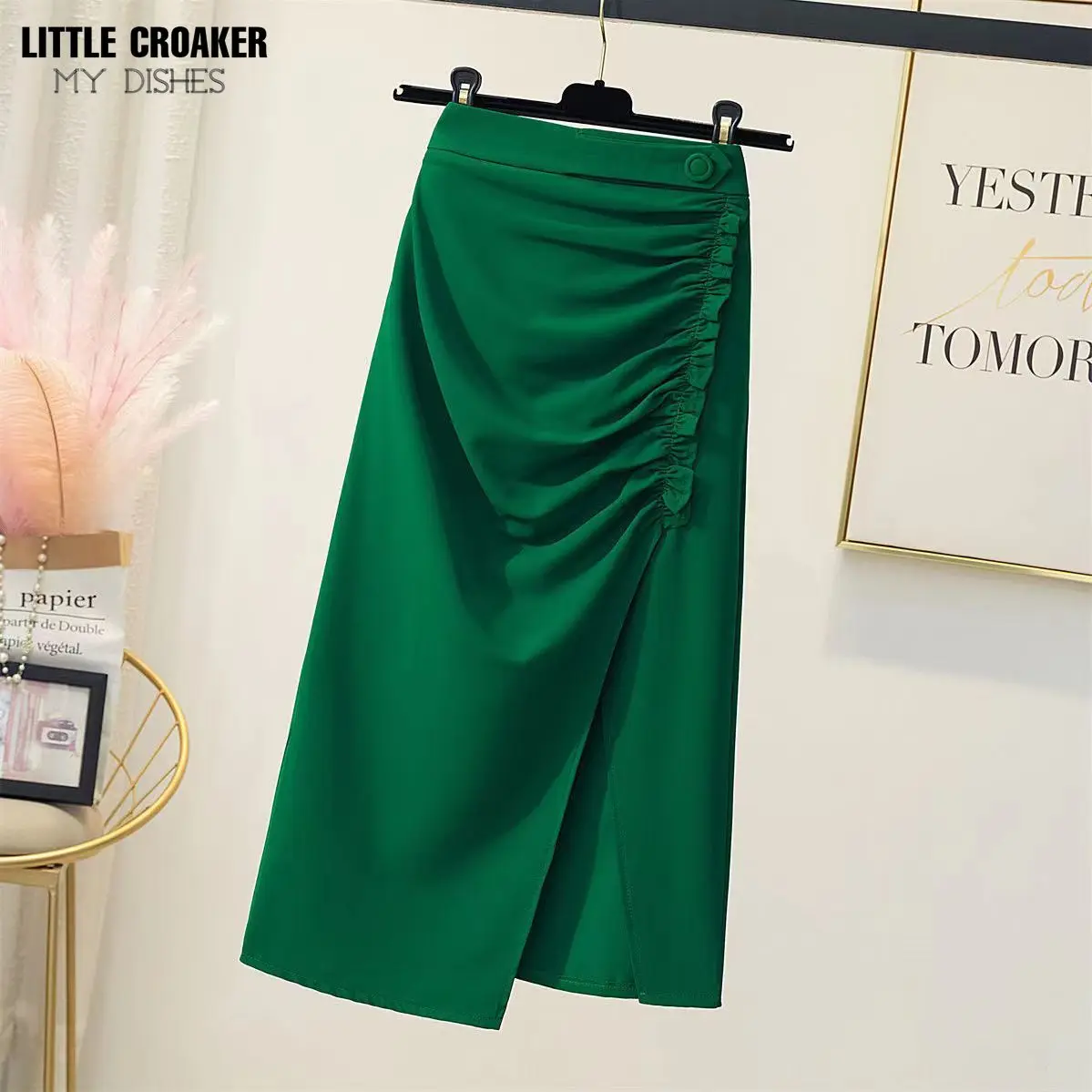 

2022 Summer Split High Waist Zipper Back Ruched Detail Split Side Women Casual Straight Midi Skirts Green Femme Jupe Clothes