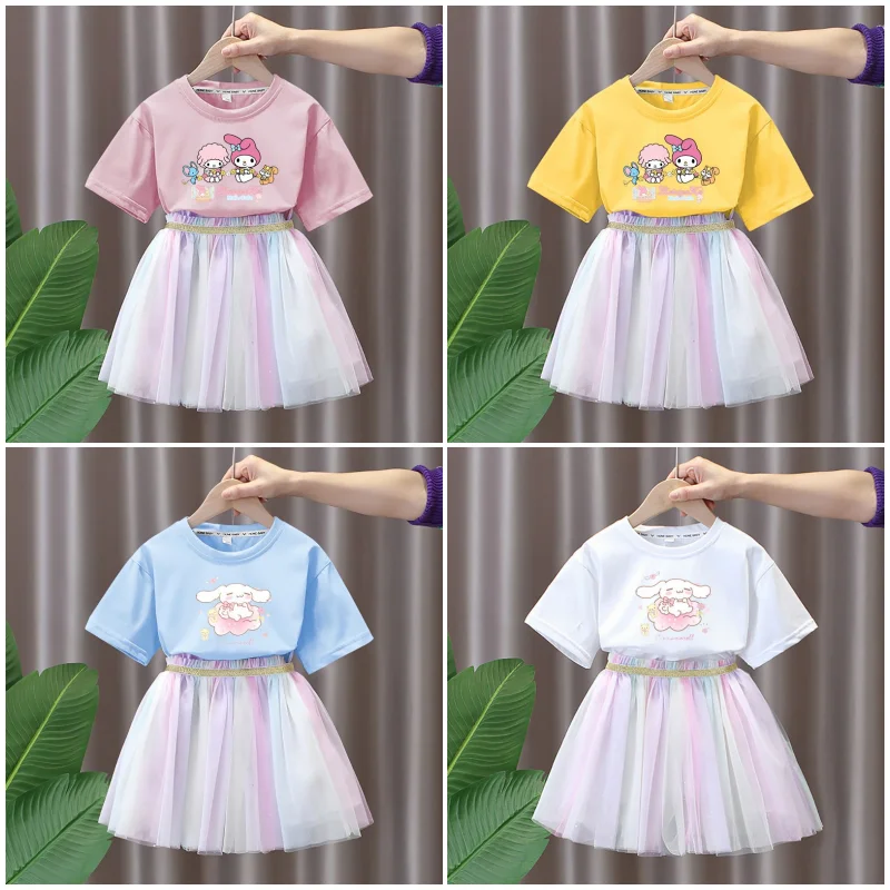 Sanrios Anime Cartoon My Melody Cinnamoroll Cute Girls Gauze Princess Dress Children Summer Clothing T-shirt Short Sleeve Skirt