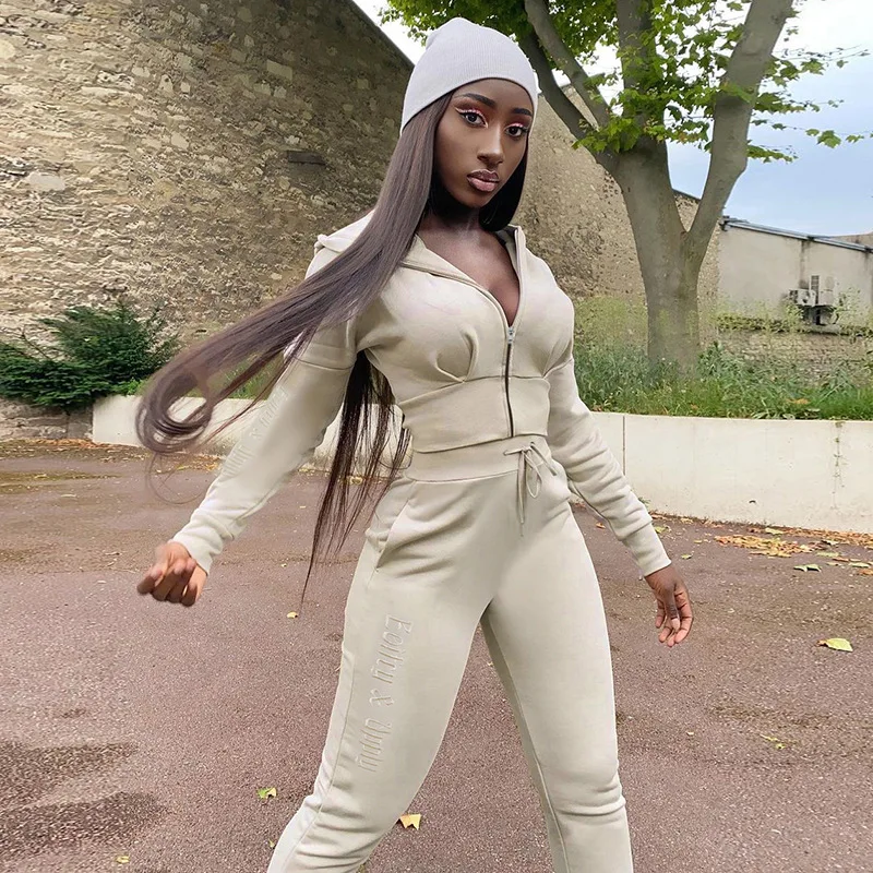 

Light Grey Letter Embroidered Zip Hoodie Sweater Set Spring Autumn Women's Street Style Elastic Waist Slim Fit Sports Pants Set