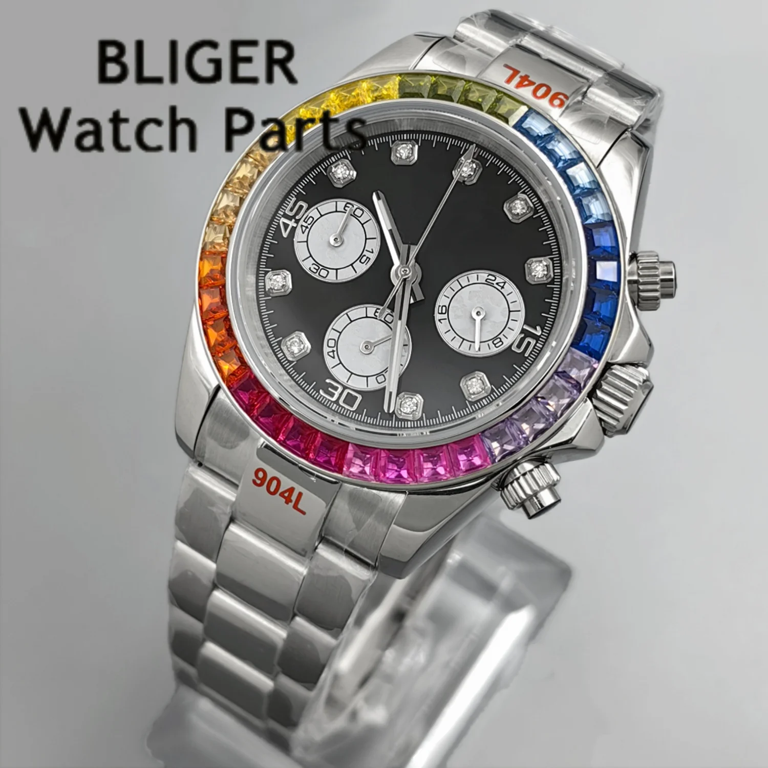 Фото Мужские часы BLIGER Black Panda с черным циферблатом, разноцветным безелем, хронографом VK63A, кварцевым механизмом, секундной стрелкой, сапфировым стеклом и резиновым ремешком. №3