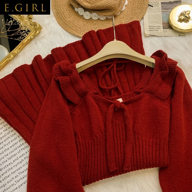 

2021 Winter Sweater Mini Dress Evening Party Korean Fashion Knit Christmas Dress Women Long Sleeve Bandage Vintage Red Dress