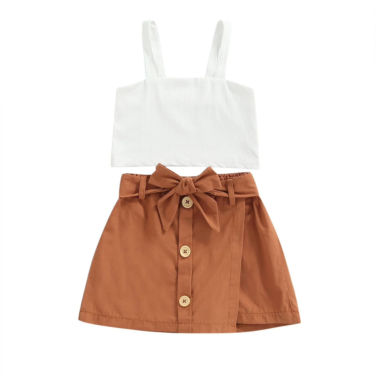 

Kids Girls Summer Outfits Set Solid Color Sleeveless Ribbed Short Tops + Removable Waist Belt Skirt Style Buttons Shorts