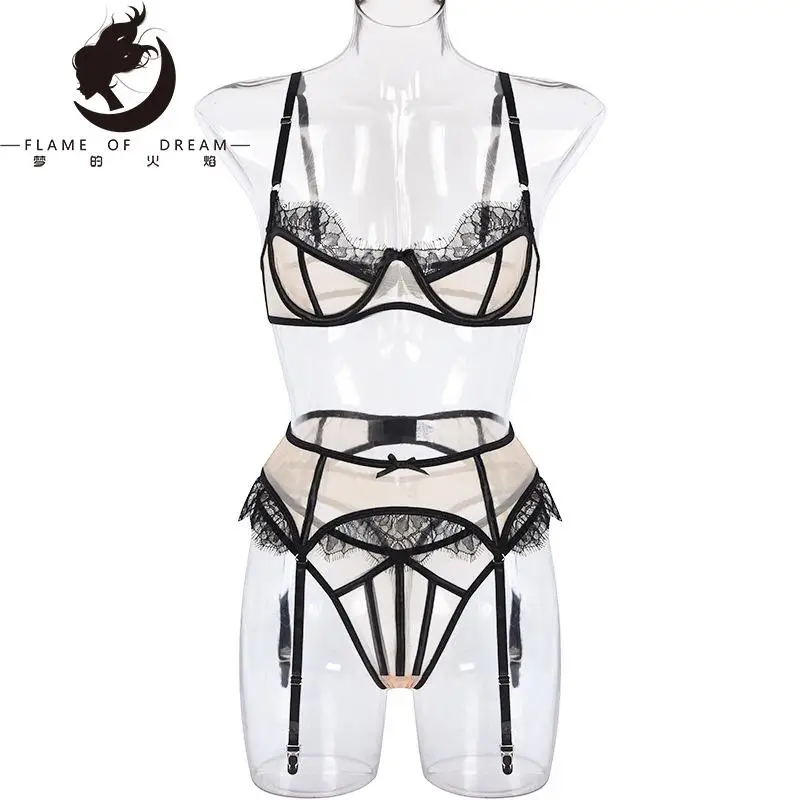 

Flame of dream 2022 Lace Cross Garter Three Piece Body Shaping Underwear Lingerie