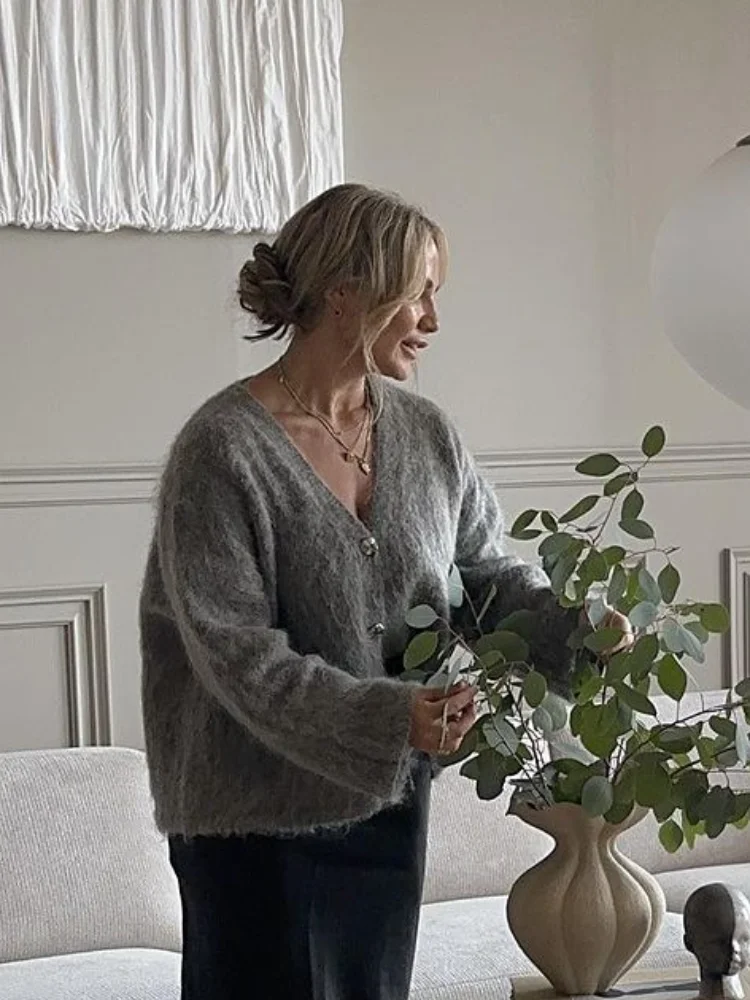 Женский мохеровый кардиган элегантный серый однобортный Кардиган оверсайз с