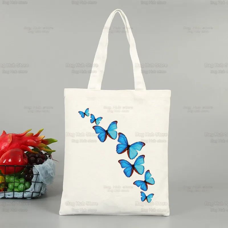 Сумка-шоппер в Корейском стиле Ulzzang Холщовая Сумка-тоут с принтом синих бабочек и