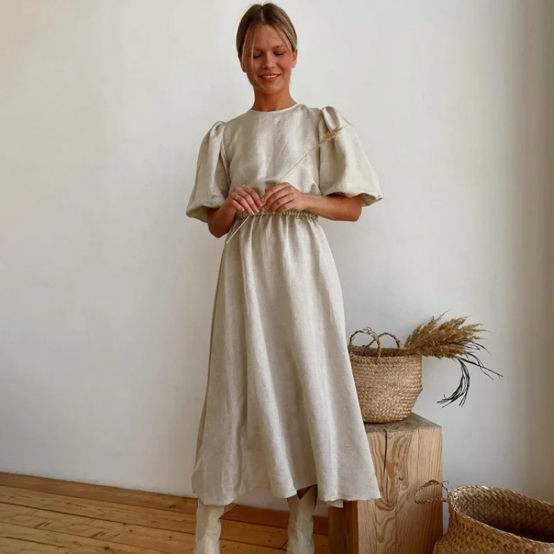 

Летнее свободное коричневое льняное женское платье, модные платья миди с круглым вырезом и коротким рукавом, элегантное женское платье с высокой талией и открытой спиной