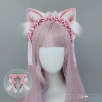 pink cute lolita headband plush cat ear hoop jk uniform headwear lace ribbon bow headband cosplay headdress hair accessories