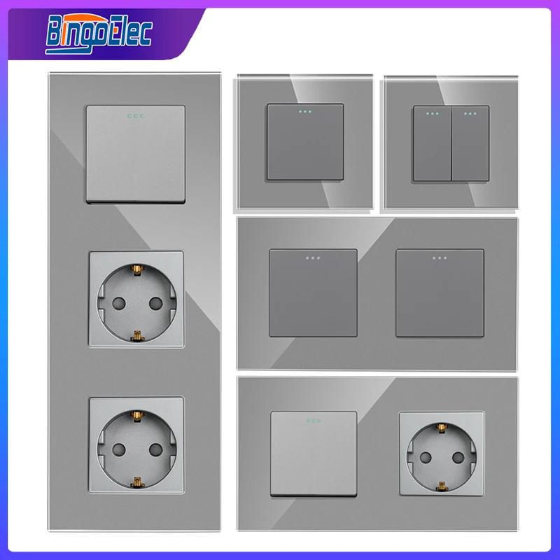 

Bingoelec Simple Style Grey Glass Panel 1 2 3 Gang 1 / 2 Way Wall Light Push Button Light Switch 10A / 16A