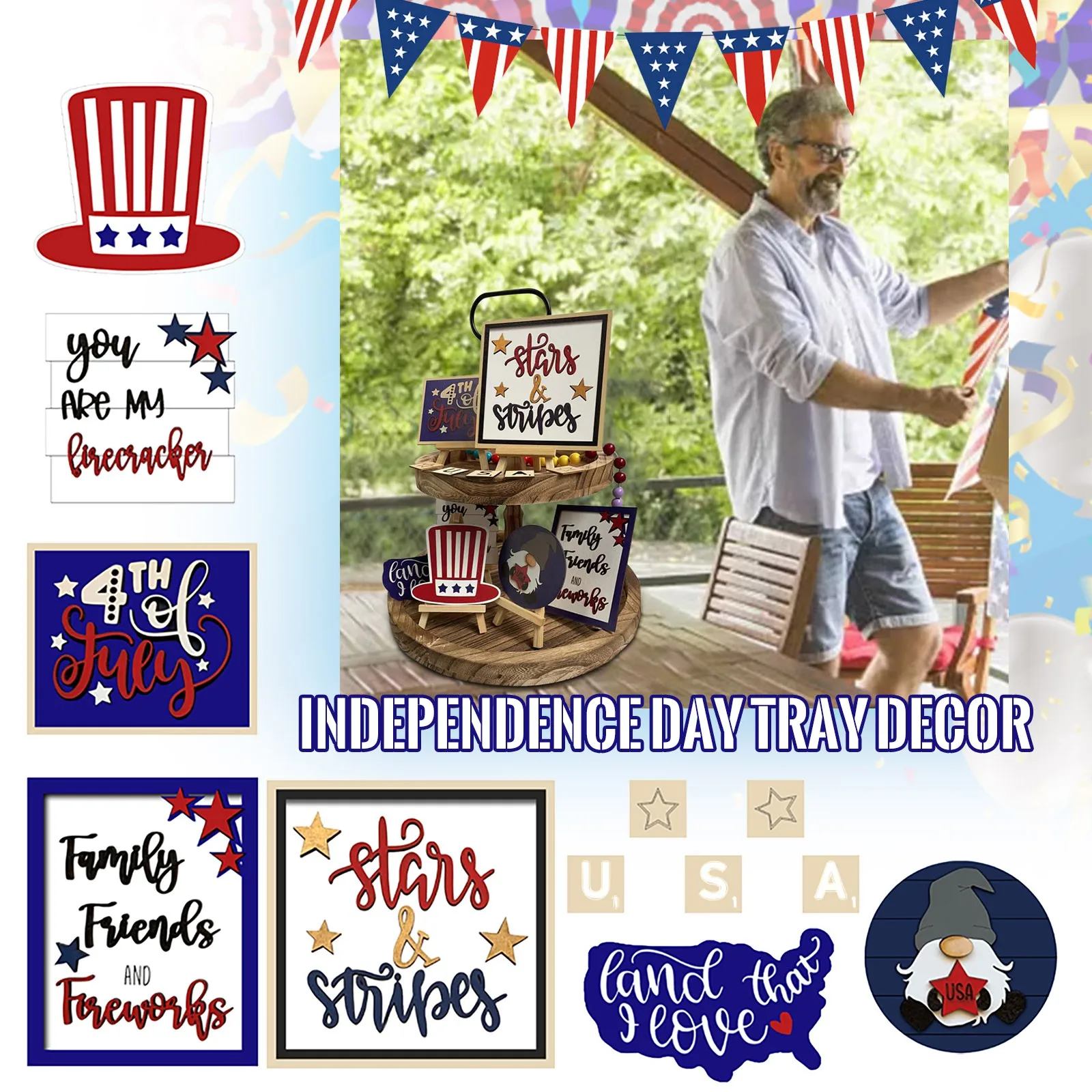 

Independence Day Tiered Tray Decoration 4th of July Ornament Wooden Decor Set Theme Party Ornaments For Home Decor