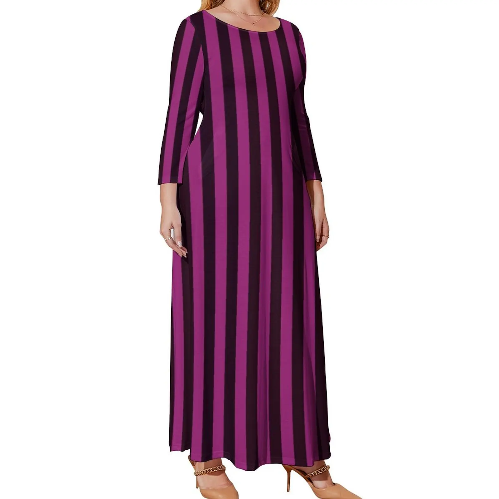 Cherry Pink Striped Dress Plus Size Vertical Stripes Trendy Print Maxi Dress Long Sleeve Streetwear Boho Beach Long Dresses Gift