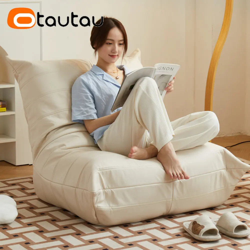 

OTAUTAU Bean Bag Cover Without Filler Faux Leahter Chaise Lounge Recliner Pouf Lazy Beanbag Sofa Bed with Ottoman Footrest SF025