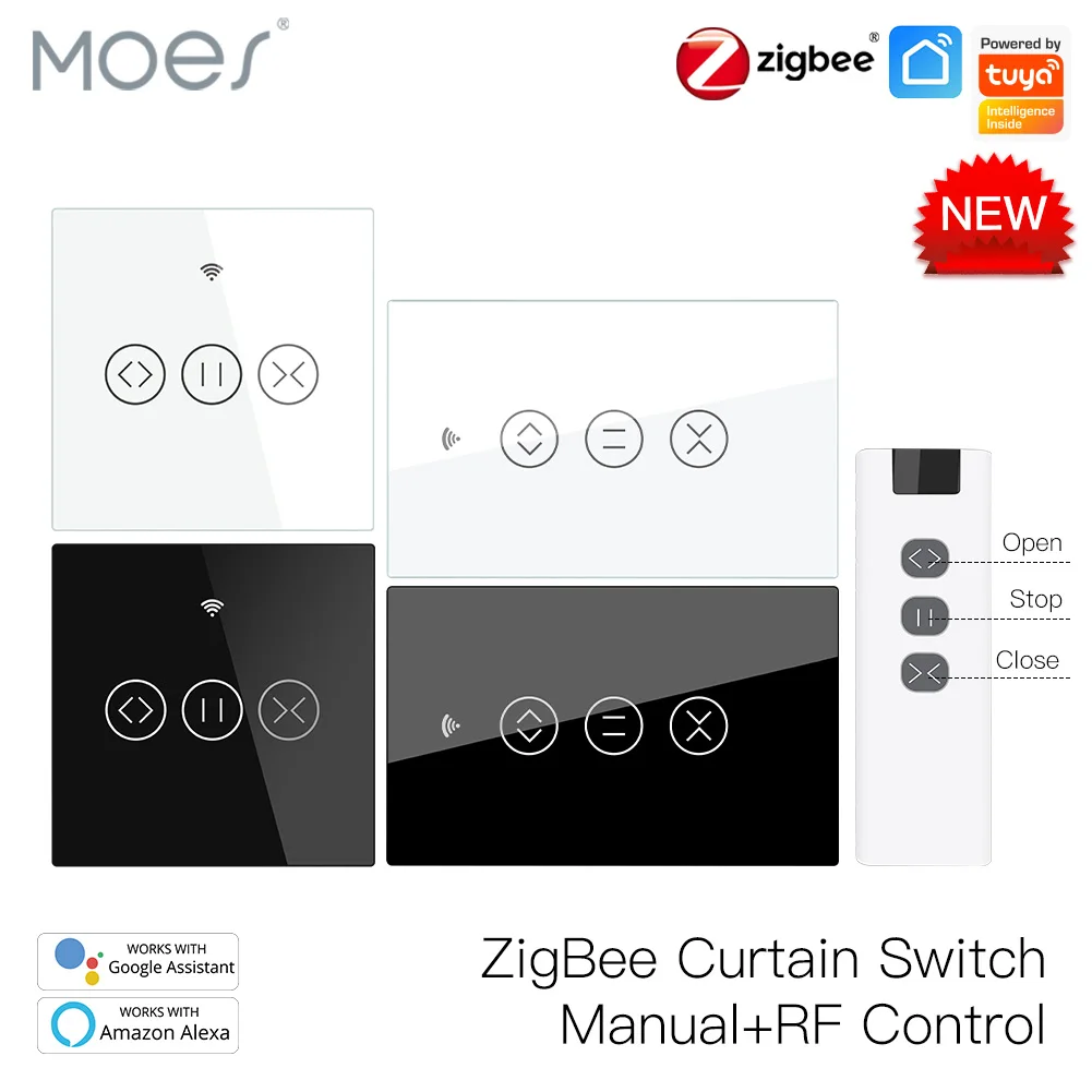 

ZigBee RF Smart Touch Curtain Switch Roller Blinds Shutter Tuya Smart App Wireless Control Relay Status Works with Alexa Google