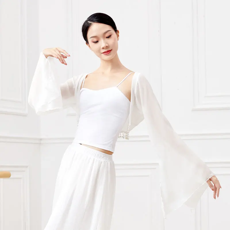 New Woman Ballet Tops Adults Cardigan With Pearls Hem Mesh Trumpet Sleeves Dance Coat Tops