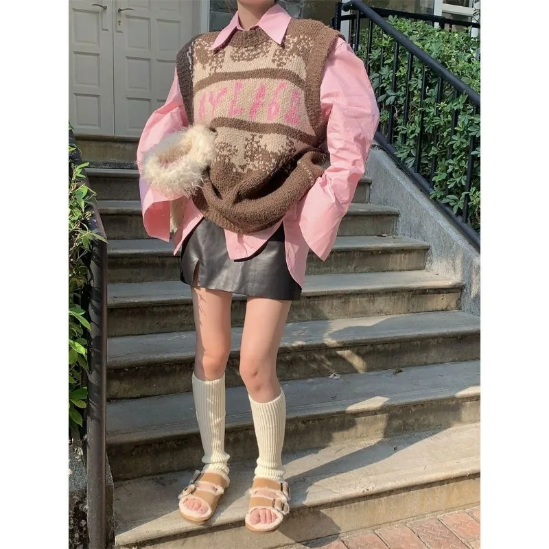 Женский винтажный свитер Y2k жилет женская розовая рубашка в Корейском стиле