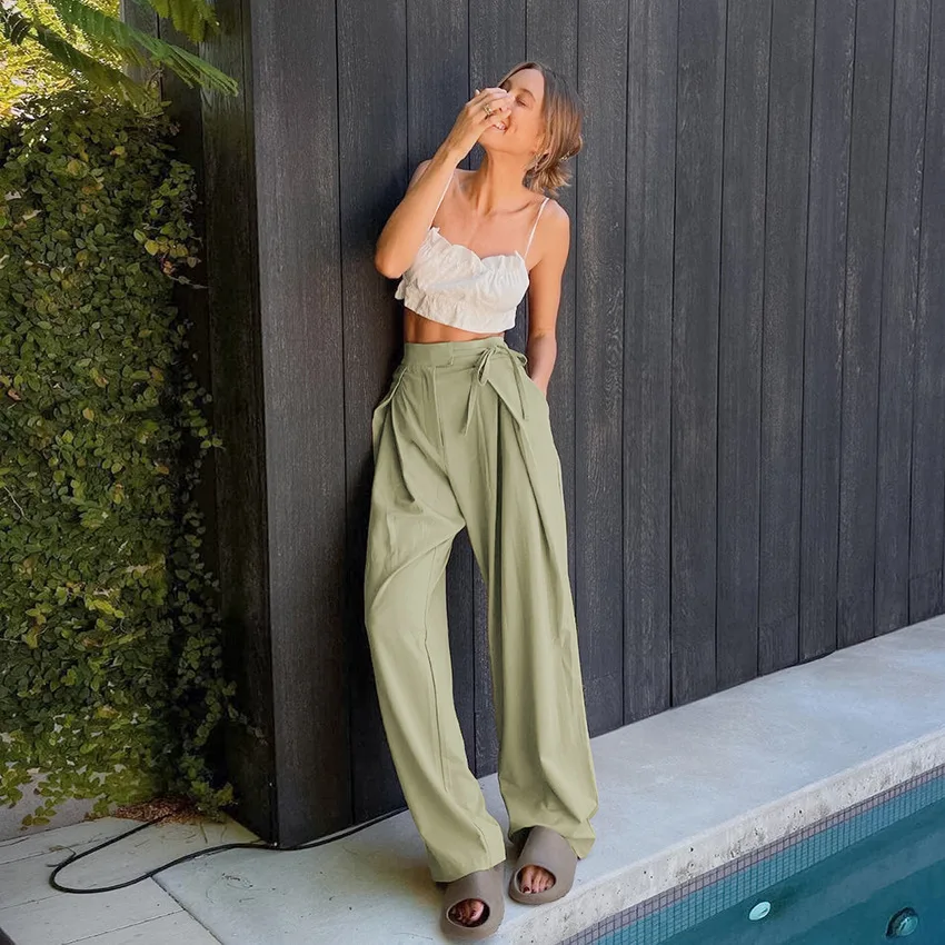 

2022 autumn women's trousers loose straight bow bow high waist temperament mopping the floor drape green casual pants