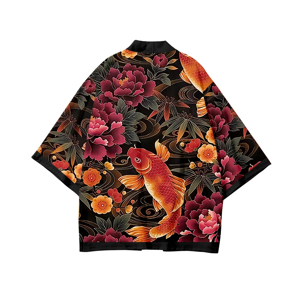 

Кимоно и шорты для мужчин и женщин, модный традиционный кардиган с японским цветочным принтом рыбы, хаори юката, комплект из двух предметов