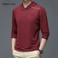 samlona new patchwork t shirt long sleeve hooded top pullovers 2022 spring new casual pullovers sexy mens clothing homme