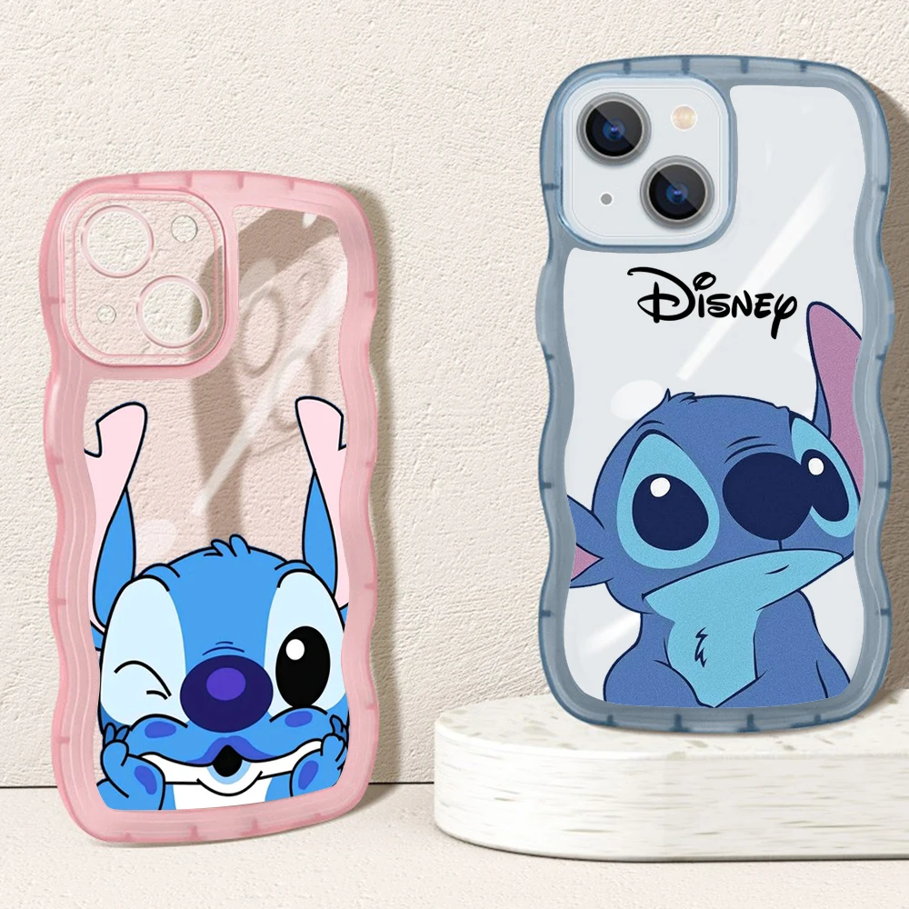 

Disney Stitch Cute Cartoon Transparent Curly Wave phone Case for redmi note 9 10 11 pro K 20 30 40 Shockproof Bumper Cover Capa