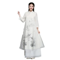 chinese qipao for ladies elegant retro style full sleeve wedding dress with chiffon floral print oriental plain silk suit