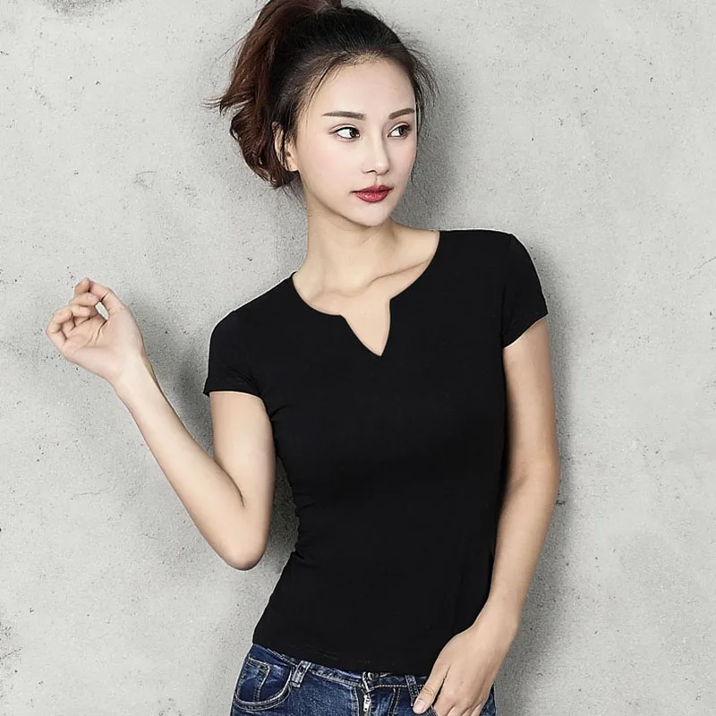 

Cotton Women T-shirt V-neck Short Sleeve Women Shirt All Match Lady Top B144800