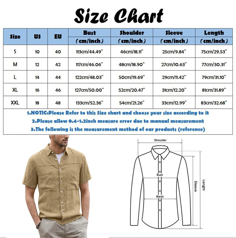 2022 Summer New Fashion Casual Button-Up Men Shirt Cotton Linen Short Sleeve Two Pocket Wide Collar Tops Men Clothing Streetwear