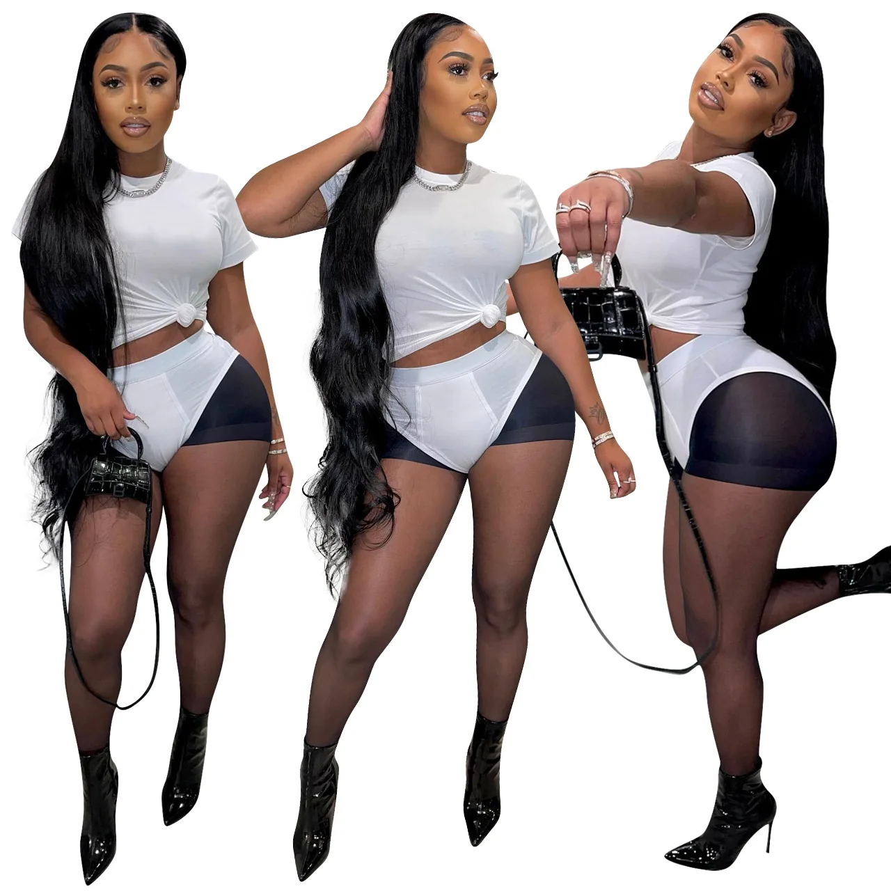 

2022 Summer Women Two Piece Set Sexy Short Sleeve T-Shirt Top Patchwork Mesh Shorts Matching Suit Streetwear Biker Club Outfits