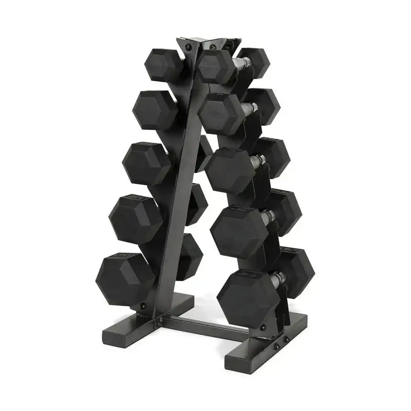 

lb Coated Rubber Hex Dumbbell Weight Set with A-Frame Rack,