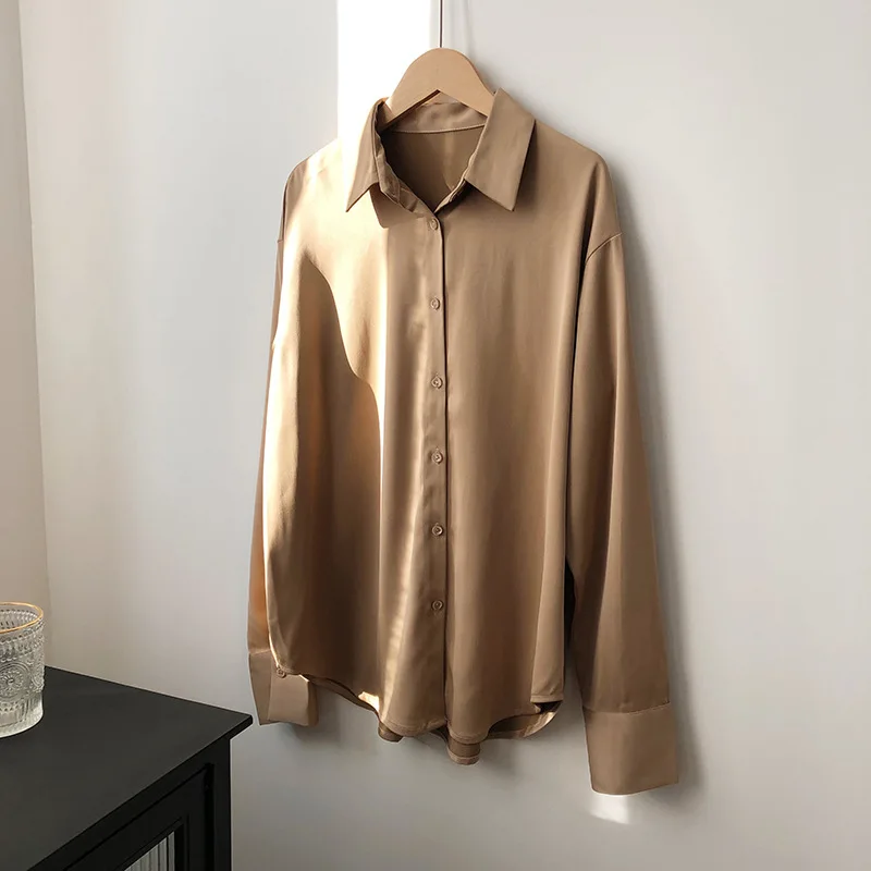 

HanOrange драпировка эффект атласная шифоновая рубашка Женская 2022 весна осень ниша чистый цвет Атласный топ