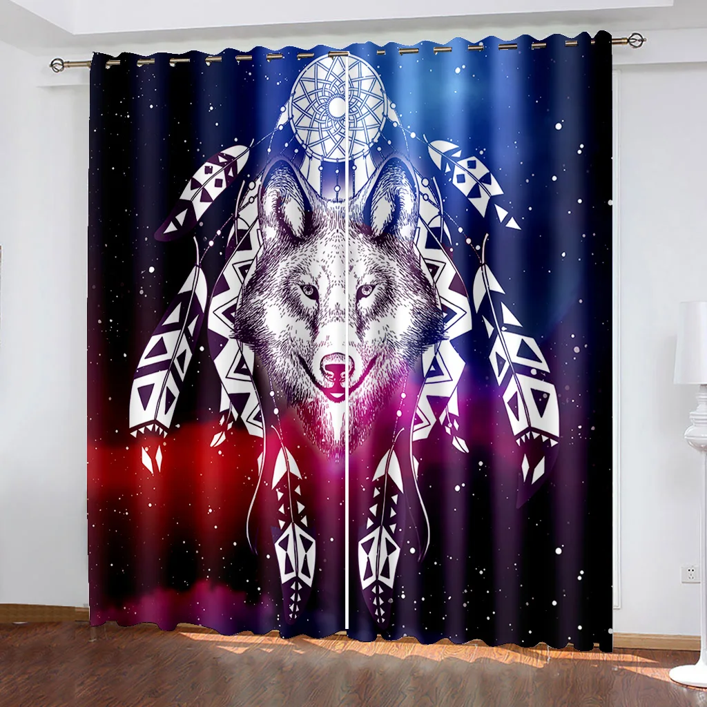 

3D Totemism Pattern Blue Purple and Red Wolf Head Blackout Curtain Set,Suitable for Home Curtains In The Living Room and Bedroom