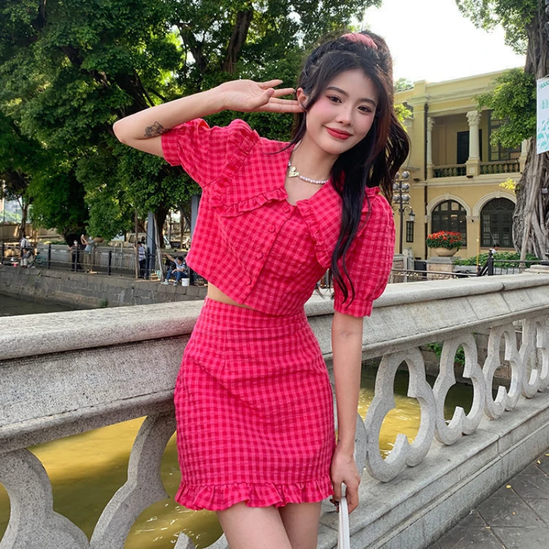 

Two-piece Women's New Slim and Slim Fashion Plaid Doll Collar Temperament Short Sleeve Shirt+short Skirt Sweet Skirt