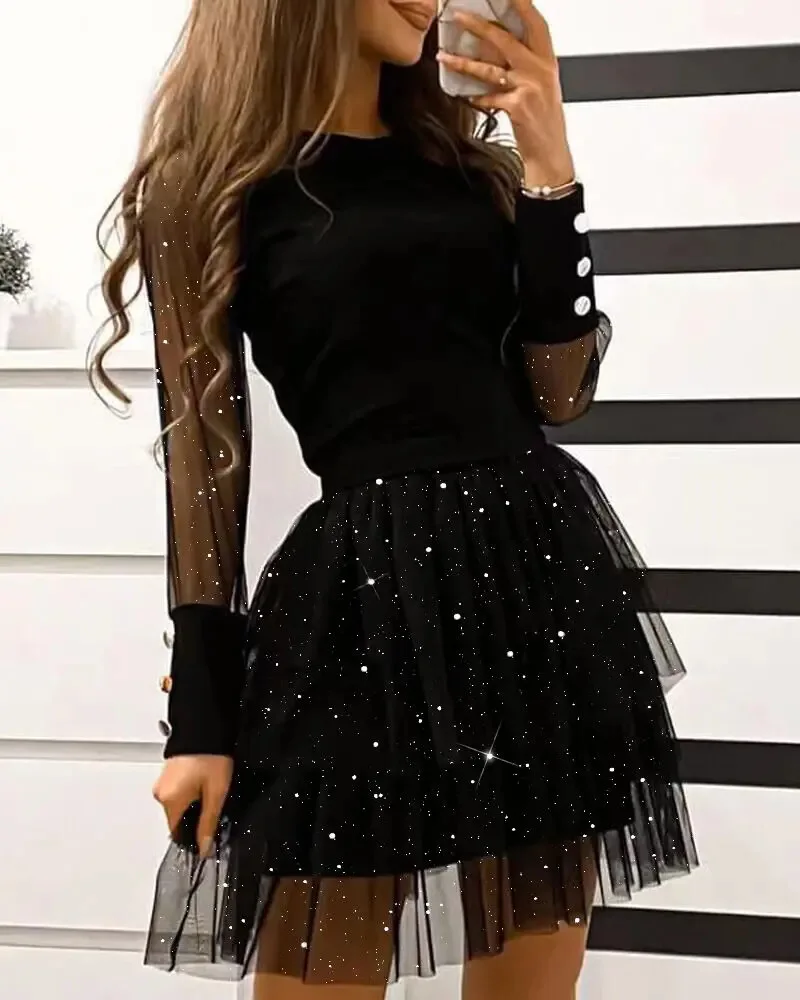 

Autumn 2023 New Dress Slim Sexy Long Sleeve Mesh Dress