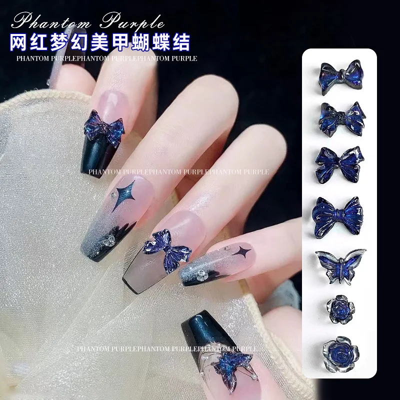 

50Pcs Aurora Phantom Purple Seires Nail Resin Gems Stones Multi-Designs Bowtie/Flower Nail Art Rhinestones Manicure Charms