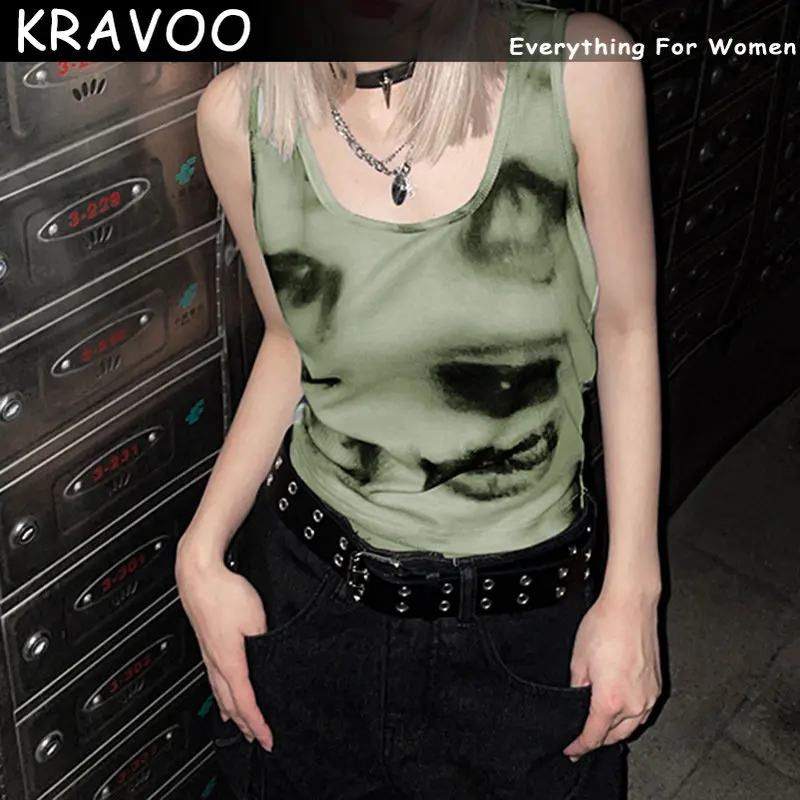 

KRAVOO Top Women Street Style Printed Women's T-shirt Top Square Collar Sexy Clothes for Womens T-shirts for Woman Clothing 2023