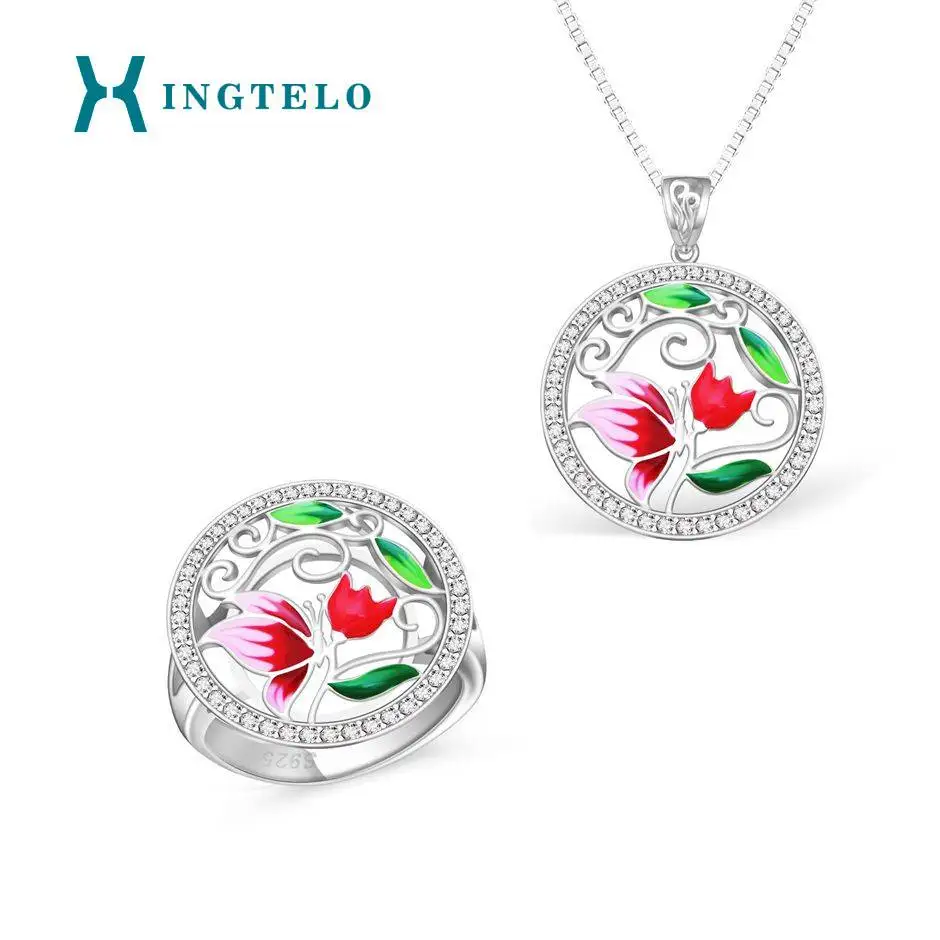

XINGTELO Silver 925 Jewelry Set Crystal Romantic Colorful Enamel Butterfly and Flower Ring Pendant Chain for Bridal Wedding
