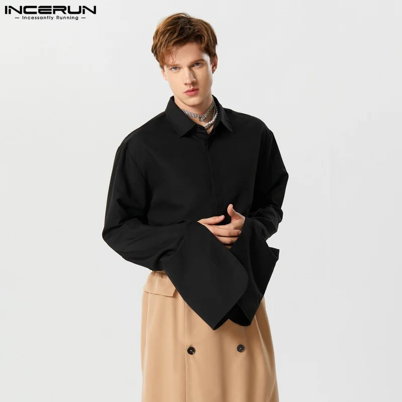 

Рубашка мужская однотонная с отложным воротником и длинным рукавом, модная Свободная Повседневная Уличная одежда с разрезом, осень 2023