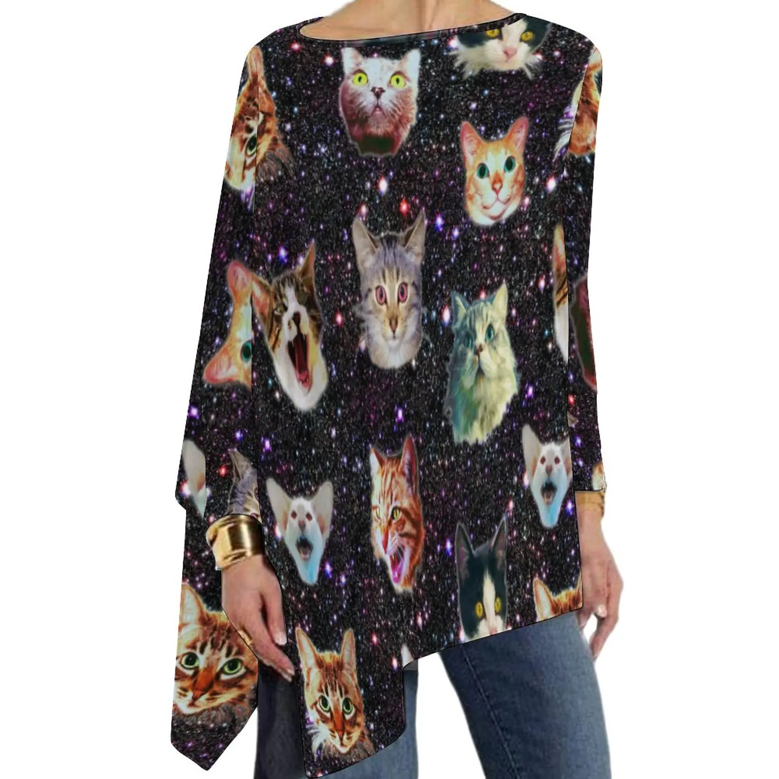 

Футболка женская с длинным рукавом, забавный уличный топ с принтом галактики в космосе, с рисунком кошки, большой размер 5XL