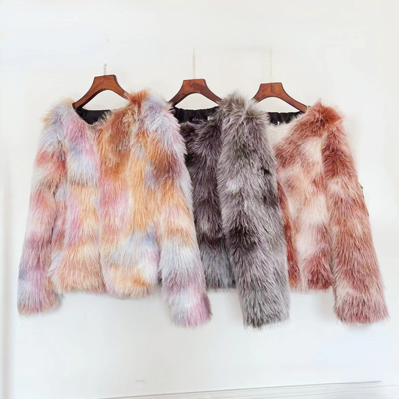 Winter Tie Dye Faux Fur Coats Fashion 2022 New Women's Clothing Elegant Round Neck Long Sleeve Short Faux Fur Coat Urban Liesure