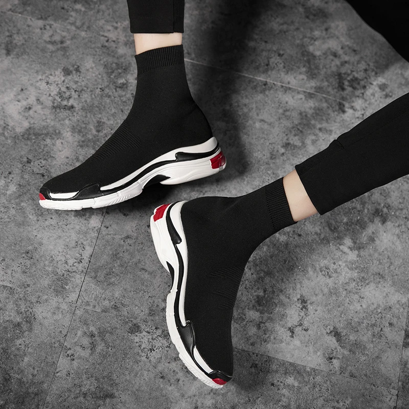 

2021 Sock Shoes Breathable Men Women Black Tennis Slip On Flat Shoes Mesh Sneakers Soft Casual Shoes High Top Footwear For Fall