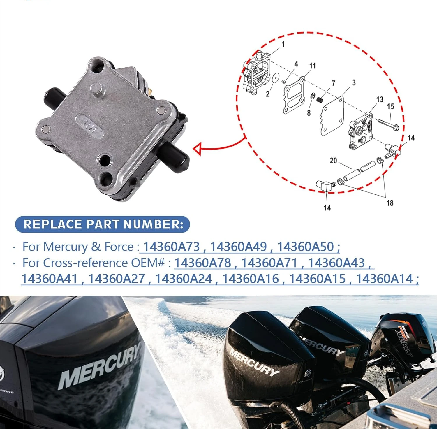 14360A78 Топливный насос для подвесных моделей Mercury Mariner 98766-C1 30–300 л.с. 14360A73 14360A43 14360A50