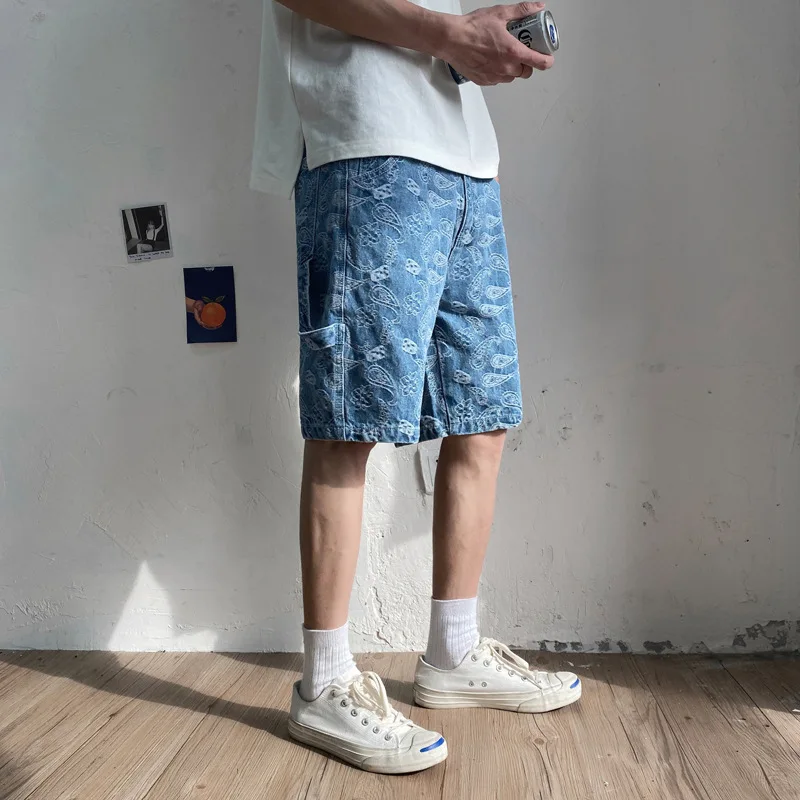Streetwear Vintage Jeans Summer Fashion Printed Baggy Denim Shorts Men's Button Mid-Waist Denim Straight Shorts