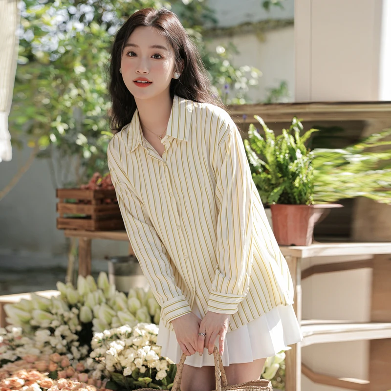 

Chiffon Women's Shirts Summer 2023 New Stripes Blouses Loose Long Sleeves Top Office Lady Polo-Neck Clothing YCMYUNYAN