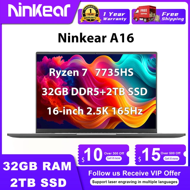 Ninkear A16 Gaming Laptop AMD Ryzen 7 7735HS 32GB DDR5+2TB Nvme SSD 16-inch 2.5K 165Hz WiFi6 Computer Laptop Windows 11 Notebook 1