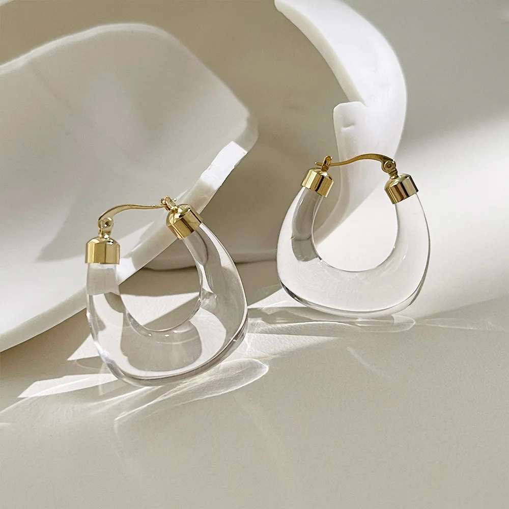 

New Transparent Resin Geometric Hoop Earrings For Women Stainless Steel Circle Ear Buckle Hoops With Natural Stone Charms Gifts