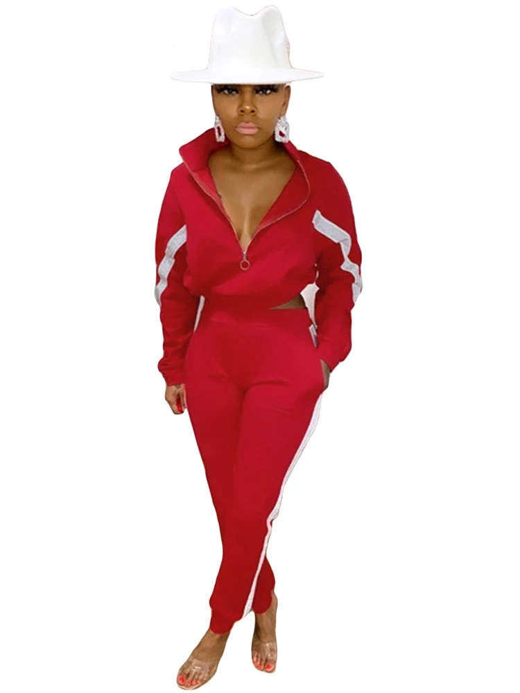 

Contrast Color Patchwork Two Piece Sets Tracksuit for Women Stand Collar Long Sleeve Zipper Pullover and Sportswear Pant Outfits
