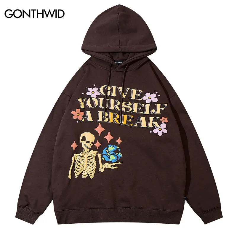 

Hoodies Hip Hop Skull Skeleton Letter Print Hooded Sweatshirt Streetwear 2022 Harajuku Fashion Casual Loose Oversized Pullovers