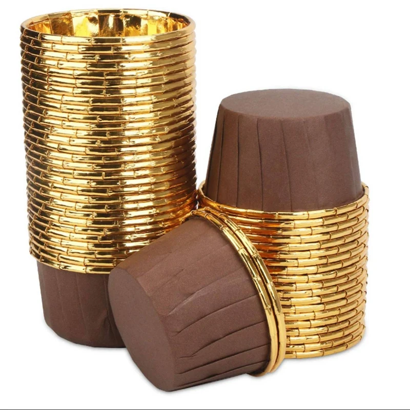 

Hot YO-500Pcs Aluminum Foil Cupcake Cups Disposable Muffin Liners Baking Cups Aluminum Gold + Brown