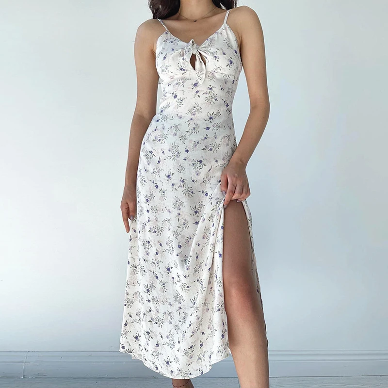 

Summer Casual Beach Style Women Floral Printing V Neck Split Hem Vestidos Sexy Women Tie-up Backless Sling Dress Casual Beach