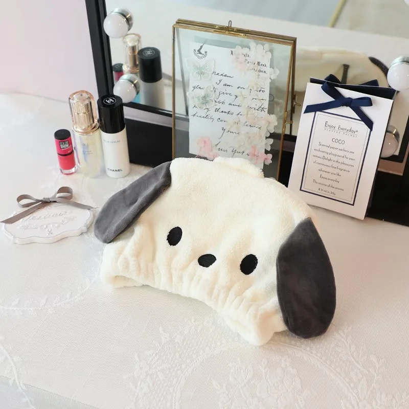 

Sanrio Dry Hair Hat Hello Kitty Kuromi Mymelody Cinnamoroll Pachacco Pompom Purin Kawaii Anime Cartoon Coral Fleece Shower Cap