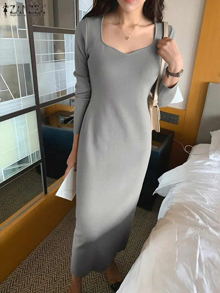 

2023 Spring Knitted Bodycon Dress ZANZEA Elegant Dresses For Women Fashion Long Sleeve Midi Vestidos Korean Style Robe Femme