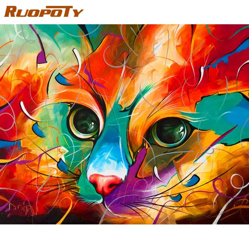 

RUOPOTY Acrylic Painting by numbers Crafts Animals Picture Drawing Colorful Cat DIY Pictures by numbers Wall art Home decor